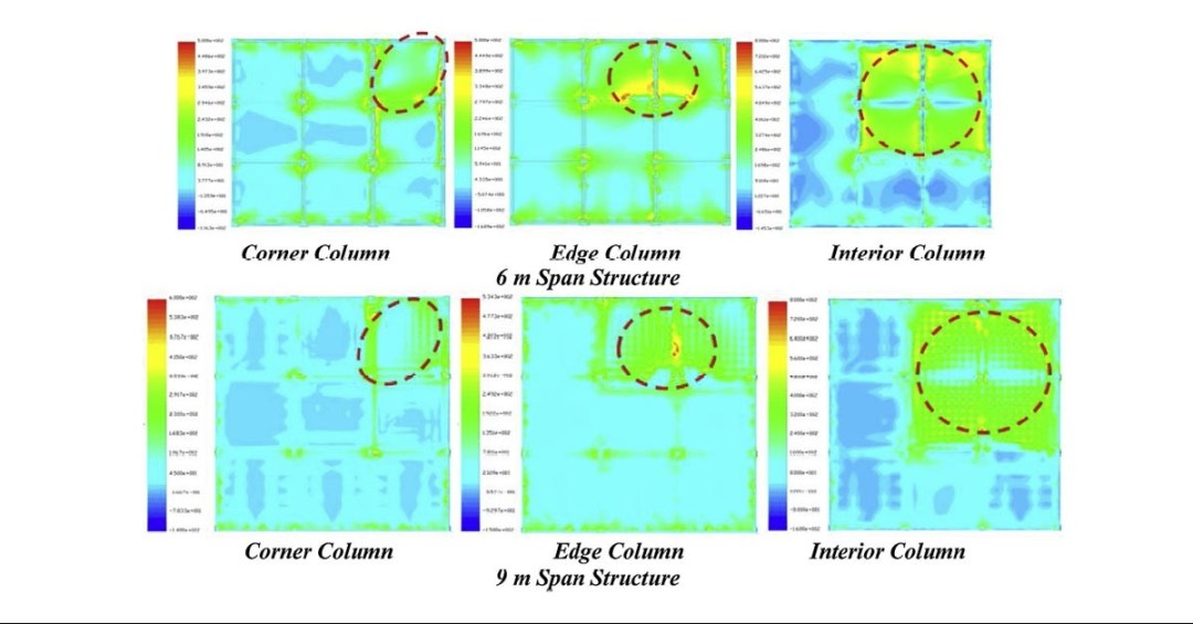 Major principal stress contours in the slabs after progressive collapse column removal for ground floor for different column removal scenarios